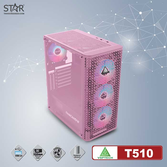 Case VSP T510 Black/Pink (340x210x440mm, Mặt trước lưới, Hông cường lực, 1xUSB3.0, Fan đuôi 12cm)
