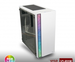 Case VSP V3-601W White (370x196x423mm, Dãy LED RGB, Hông trong suốt, 1xUSB3.0, Fan đuôi 8cm)