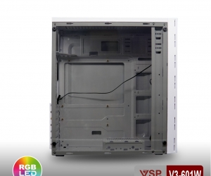 Case VSP V3-601W White (370x196x423mm, Dãy LED RGB, Hông trong suốt, 1xUSB3.0, Fan đuôi 8cm)
