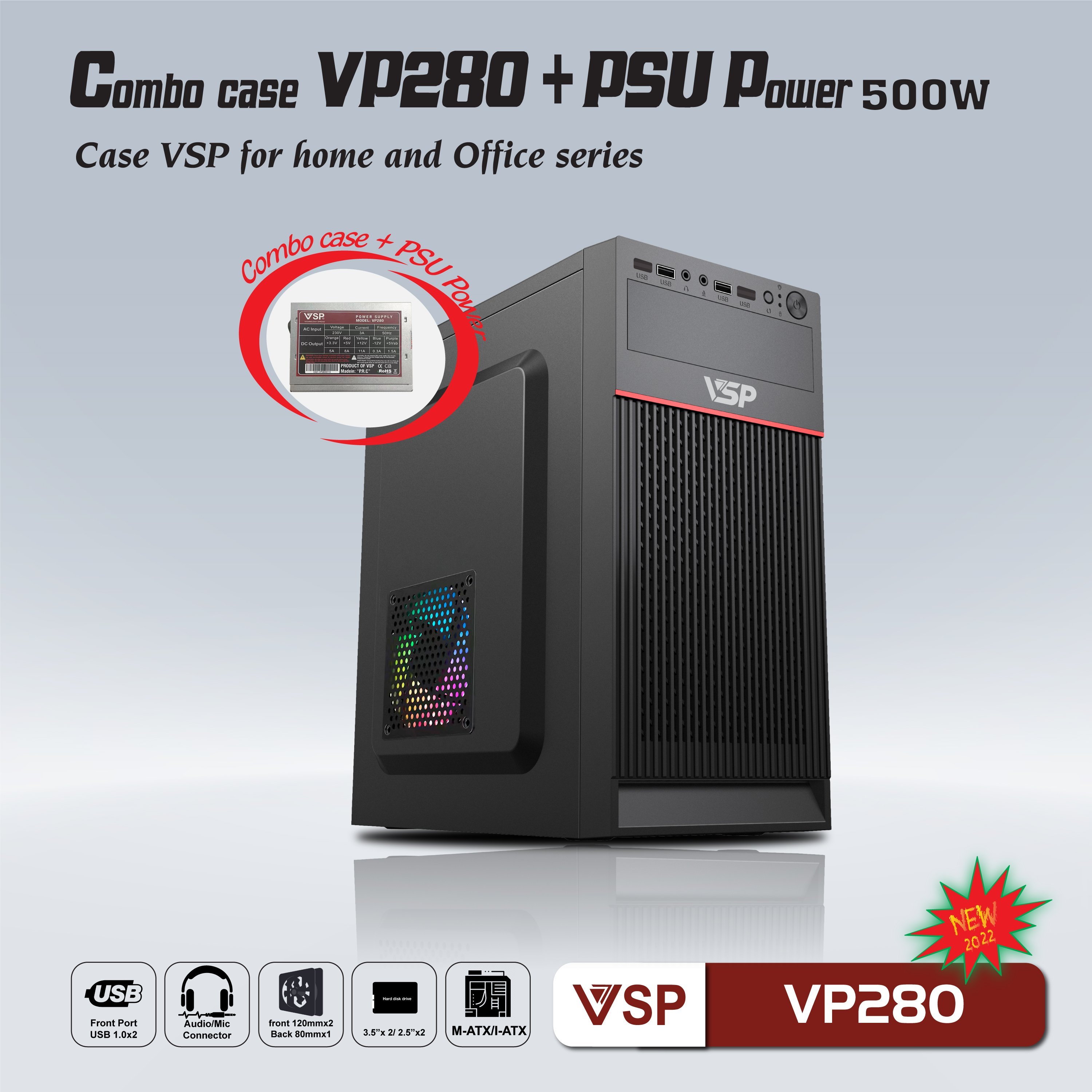 Bộ Case Nguồn VSP VP280 + 500w Black