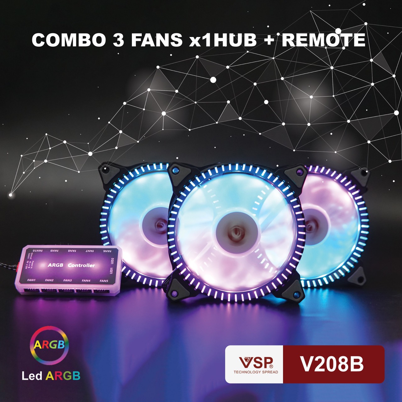 Bộ kit 3 Fan Led RGB + Hub VSP V208B
