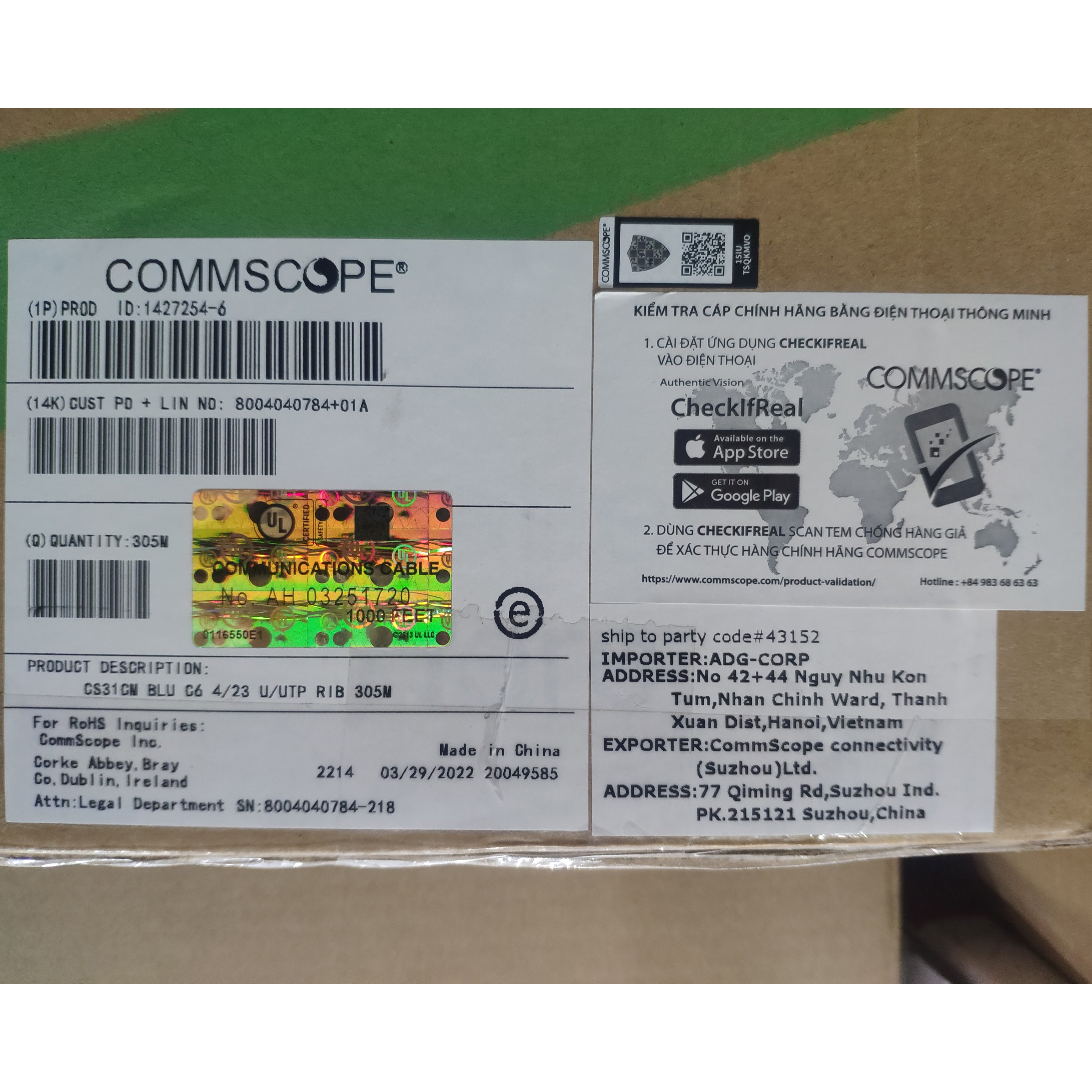 Cable LAN COMMSCOPE CS31 UTP CAT6 305m Xanh dương
