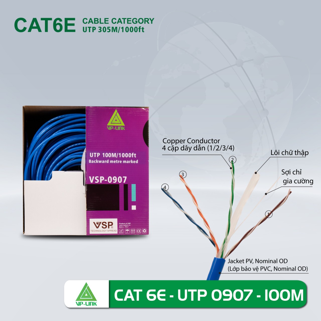 Cable LAN VISION 0907 UTP CAT6 100m Xanh dương