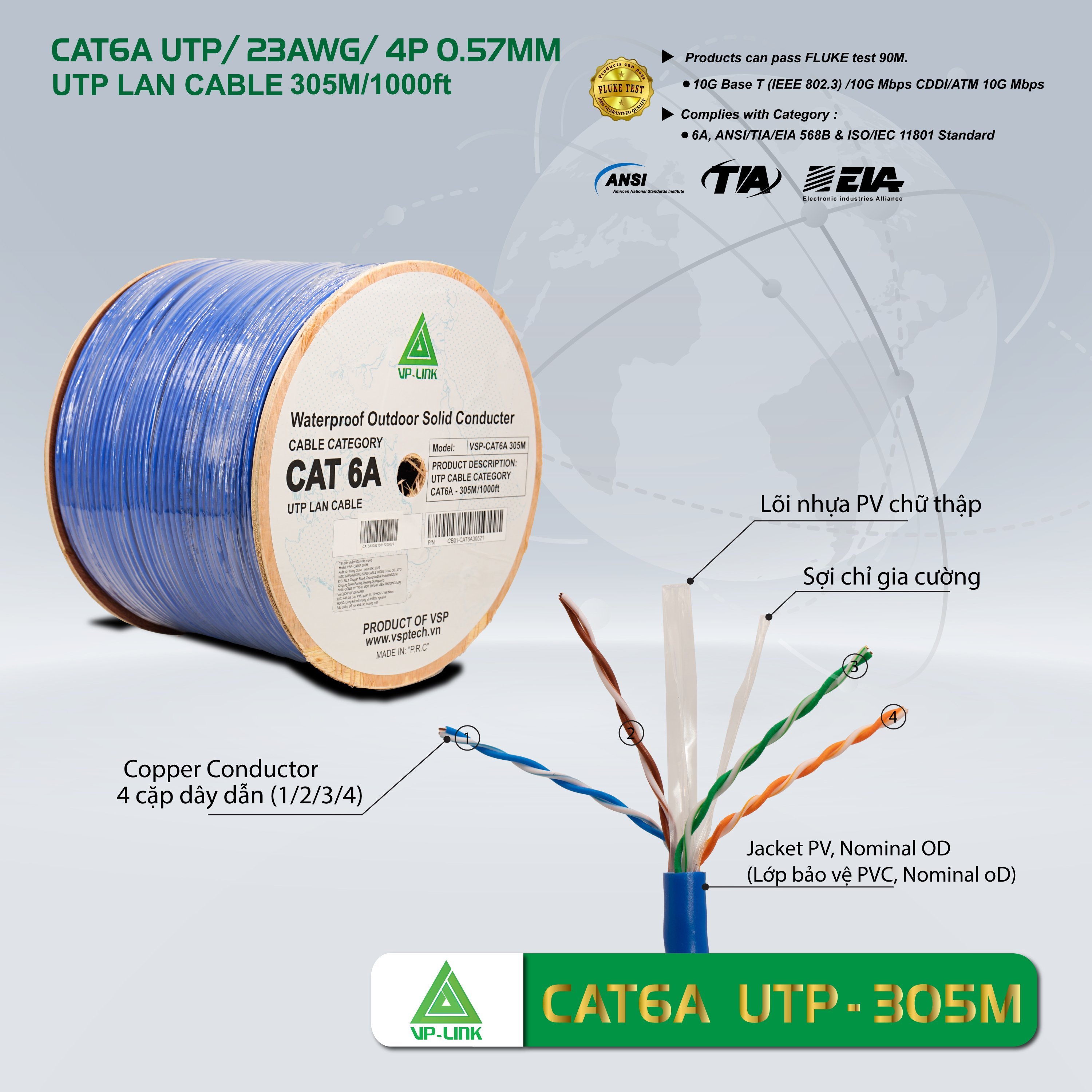 Cable LAN VISION UTP CAT6A 305m Xanh dương