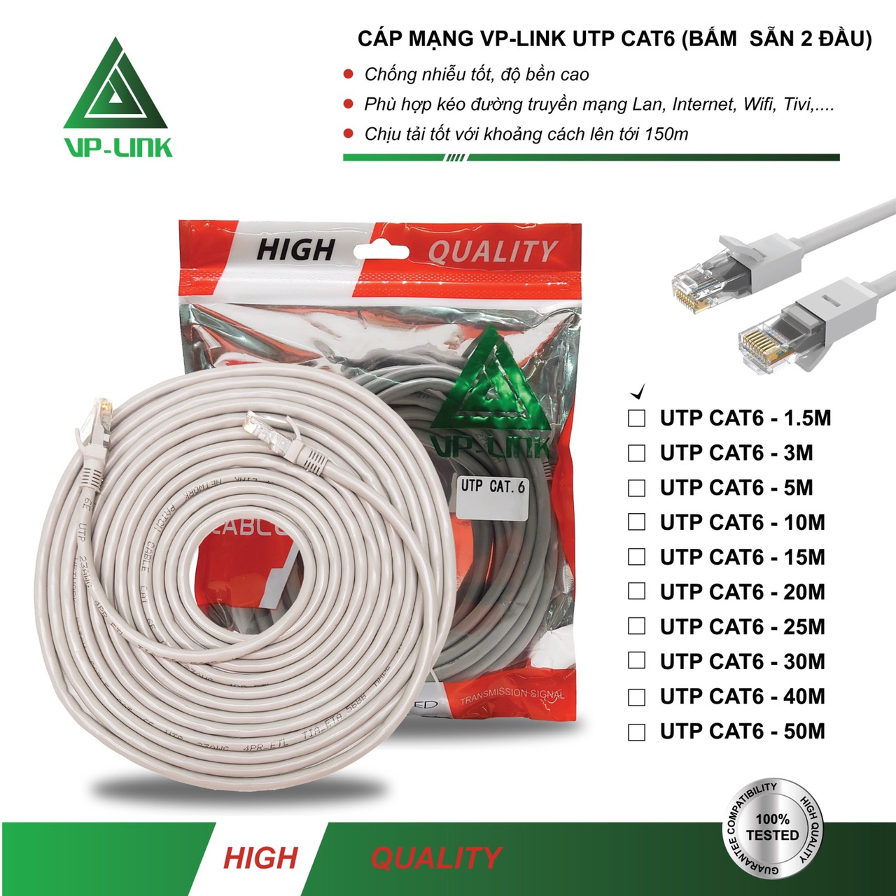 Cable LAN VP-LINK UTP CAT6 1.5m Bấm sẵn 2 đầu